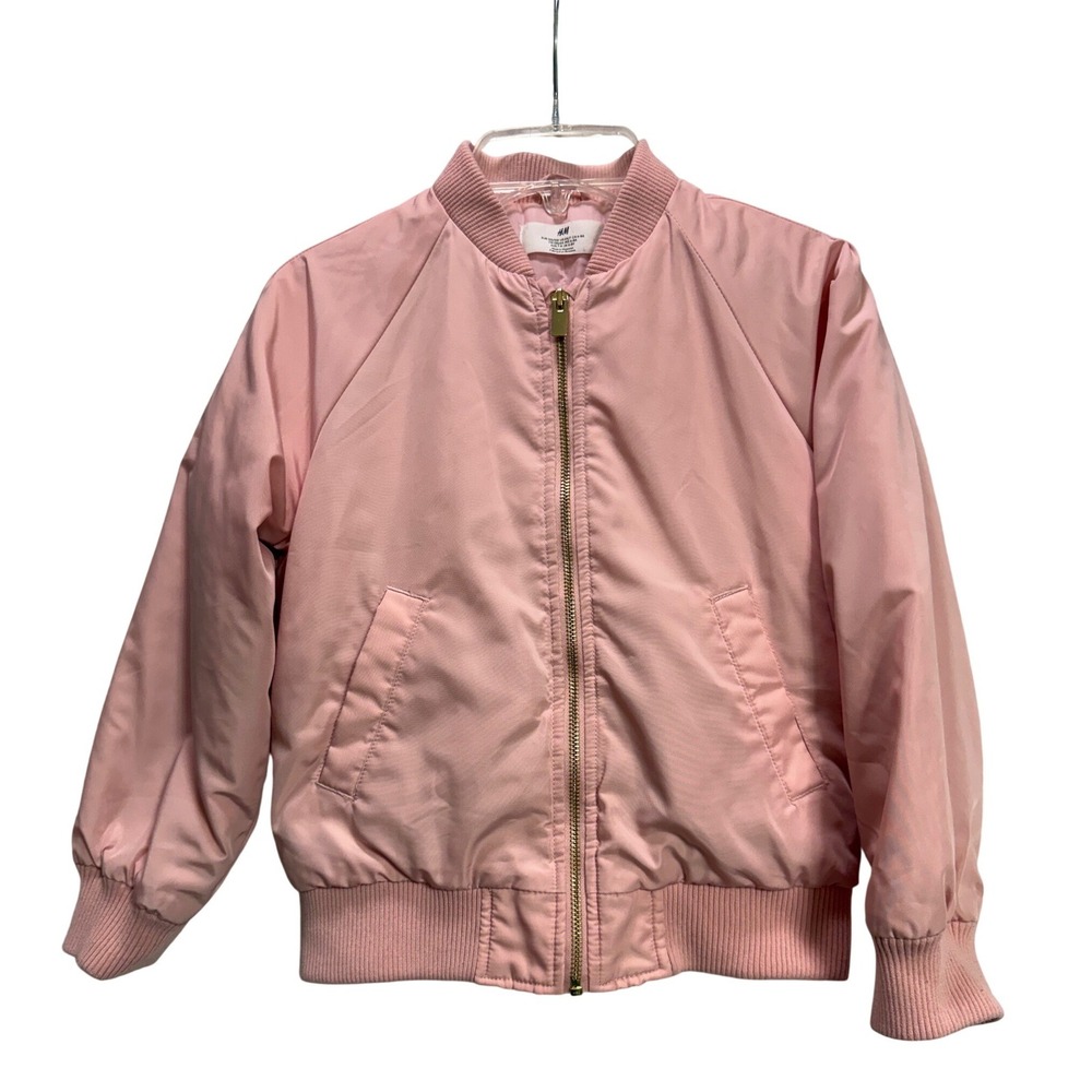 H&M Bomber Jacket Pink Full Zip Gold Ribbed Trim School Play coat Size 6X/7